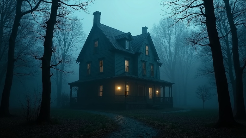 Abandoned haunted house in a gloomy forest, dramatic lighting, fog, moody shadows